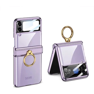Galaxy Z Flip 4 Kılıf Kamera Lens Korumalı Yüzüklü Metal Görünümlü Katlanabilir Ringfold Case