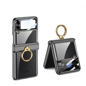 Galaxy Z Flip 4 Kılıf Kamera Lens Korumalı Yüzüklü Metal Görünümlü Katlanabilir Ringfold Case