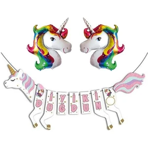 Unicorn Şekilli Iyi Ki Doğdun Gökkuşağı Folyo Balon Set