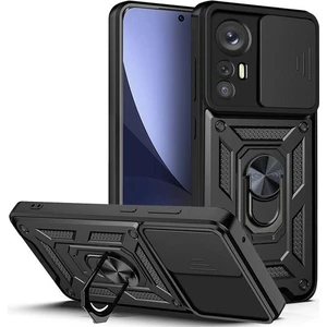 Case 4U Xiaomi Mi 12 Lite Kılıf Stand Olabilen Yüzüklü Sürgülü Vega Arka Kapak Siyah
