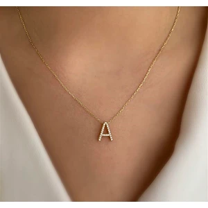 Sadece Jewellery Gold Renkli Üç Boyutlu Zirkon Taşlı A Harfli Kolye