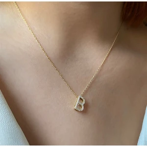 Sadece Jewellery Gold Renkli Üç Boyutlu Zirkon Taşlı B Harfli Kolye