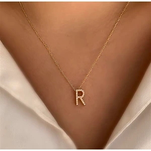 Sadece Jewellery Gold Renkli Üç Boyutlu Zirkon Taşlı R Harfli Kolye