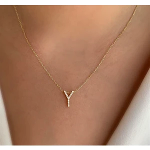 Sadece Jewellery Gold Renkli Üç Boyutlu Zirkon Taşlı Y Harfli Kolye