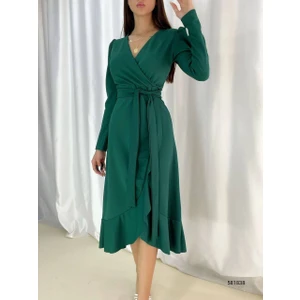 Krep Kumaş Midi Boy Kuşaklı Uzun Kol Elbise (Yeşil)