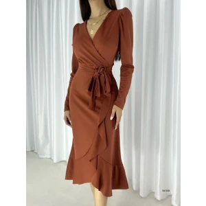 Krep Kumaş Midi Boy Kuşaklı Uzun Kol Elbise (Kiremit)