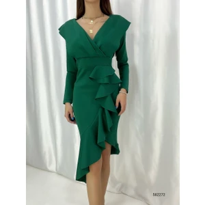 Kadın Eteği Volanlı Scuba Kumaş Elbise (Renk Seçenekli)