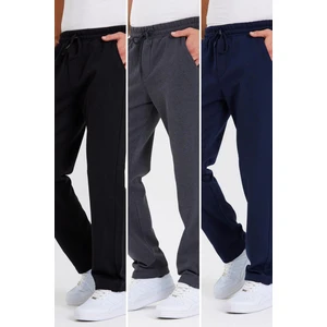 CMREO60 Siyah-Antrasit-Lacivert  Arka Cepli Etiket Detaylı Düz Paça Erkek İçi Pamuklu 3'lü Eşofman Altı