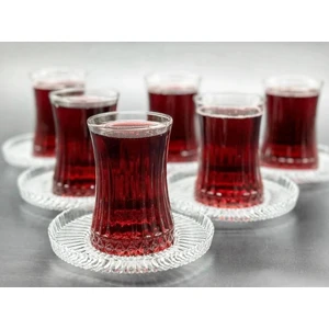 6 Kişilik 12 Parça Elysia Cam Çay Bardağı ve İthal Cam Çay Tabağı Seti Takımı Çay Tabak