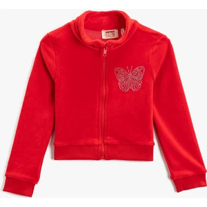 Dik Yaka Fermuarlı Polar Hırka Uzun Kollu Kelebek Işleme Detaylı