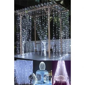 2x2 Pilli 8 Fonksiyonlu 200 LED 10 Saçak Şerit LED Perde LED Ip LED Sarı Suya Dayanıklı