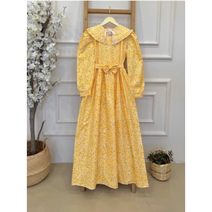 Küçüğüm Butik Tesettür Seyyar Yakalı Sarı Papatyalı Poplin Elbise