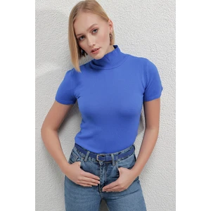 Kadın Mavi Balıkçı Yaka Kısa Kollu Boğazlı Triko Kazak HZL23W-BD1101051