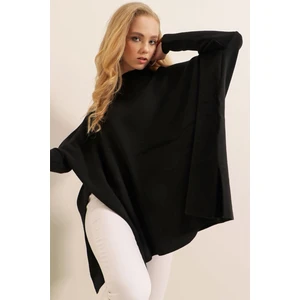 Kadın Siyah Oversize Yırtmaçlı Panço Triko Kazak  HZL23W-BD1100761