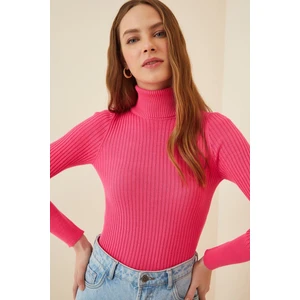 Kadın Fuşya Boğazlı Fitilli Triko Balıkçı Yaka Kazak HZL22W-BD1445001