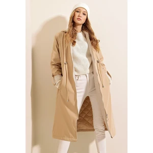 Kadın Bej Beli Büzgülü Kapşonlu Uzun Trençkot HZL22W-BD190911