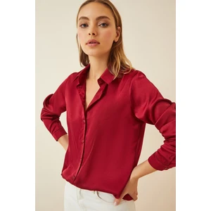 Kadın Bordo Hafif Dökümlü Saten Yüzeyli Gömlek HZL22W-BD139641