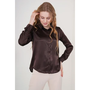 Kadın Kahverengi Hafif Dökümlü Saten Yüzeyli Gömlek HZL22W-BD139641