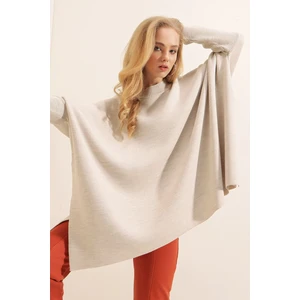 Kadın Krem Oversize Yırtmaçlı Panço Triko Kazak  HZL23W-BD1100761