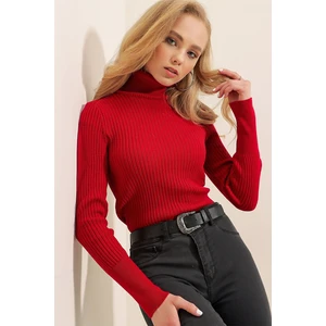 Kadın Kırmızı Boğazlı Fitilli Triko Balıkçı Yaka Kazak HZL22W-BD1445001