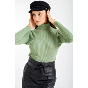 Kadın Çağla Yeşil  Boğazlı Fitilli Triko Balıkçı Yaka Kazak HZL22W-BD1445001