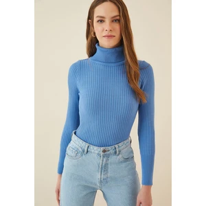 Kadın Mavi  Boğazlı Fitilli Triko Balıkçı Yaka Kazak HZL22W-BD1445001