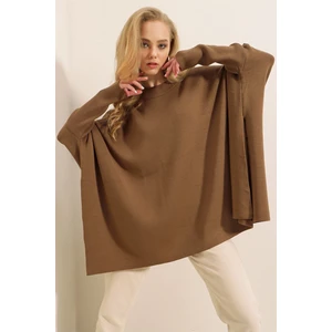 Kadın Sütlü Kahve Oversize Yırtmaçlı Panço Triko Kazak  HZL23W-BD1100761