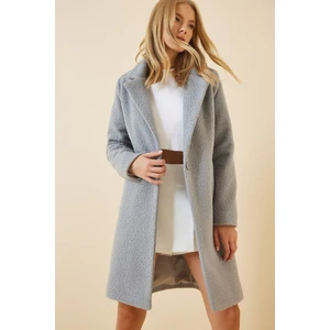 Kadın Açık Gri Tek Düğmeli Çift Cepli Astarlı Buklet Kaşe Kaban HZL22W-BD190821