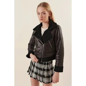 Kadın Siyah Yakası ve Içi Kürklü Suni Deri Biker Mont HZL23W-BD151551