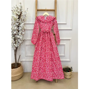 Küçüğüm Butik Tesettür Seyyar Yakalı Kırmızı Papatyalı Poplin Elbise
