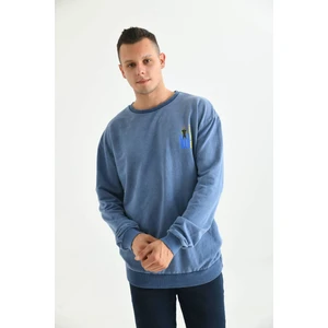 Erkek Mavi Asit Yıkama Sırt Baskı Detaylı Sweatshirtt