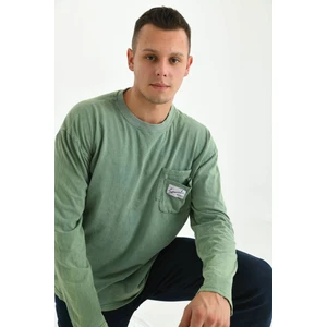 Erkek Yeşil Special Baskı Asit Yıkamalı Cep Detay Uzun Kol T-Shirt