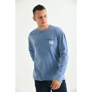 Erkek Indigo Special Baskı Asit Yıkamalı Cep Detay Uzun Kol T-Shirt