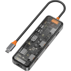 CB008 Cyber 8 In 1 Type-C Hub 100W Şarj Destekli Şeffaf Görünümlü Sd KART-RJ45-HDMI-USB Çoğaltıcı