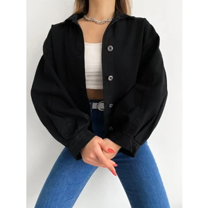 Fav Style Kadın Balon Kol Oversize Çift Cepli Denim Ceket Siyah