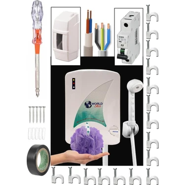 abnturk Viko Sigorta+3mt Bakır KABLO3X2.5+HERŞEY ile Montaja Hazır Elektrikli Şofben 3 Yıl Garanti