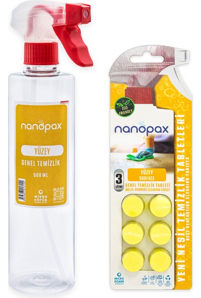 Nanopax Yüzey Temizlik Tableti (6 Tablet = 3 Litre) ve Mikro Köpüklü Sprey - (500 Ml)