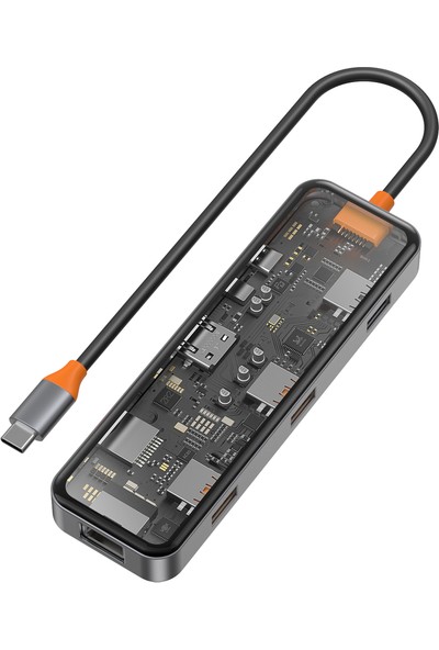 Wiwu CB008 Cyber 8 In 1 Type-C Hub 100W Şarj Destekli Şeffaf Görünümlü Sd KART-RJ45-HDMI-USB Çoğaltıcı