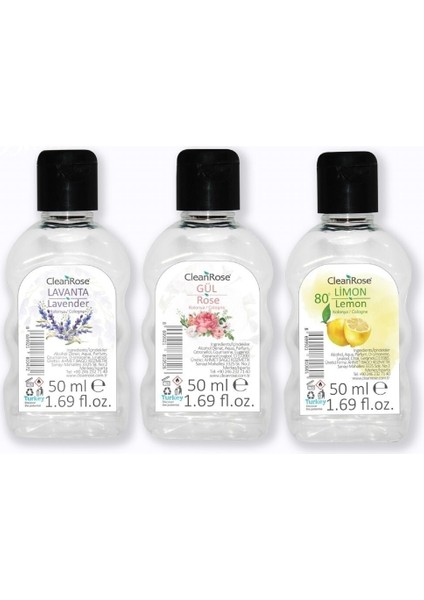 3'lü Kolonya 50 ml Lavanta, Gül ve Limon