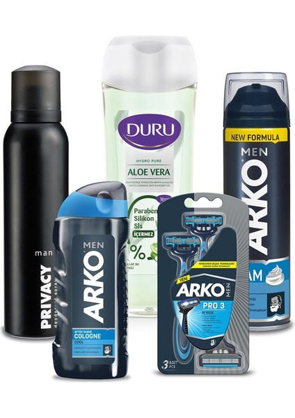 Arko Men T3 Pro Tıraş Bıç 3lü + Tıraş Köp 200ML + Tıraş Kol 200ML +Deodorant 150ML + Duş Jeli