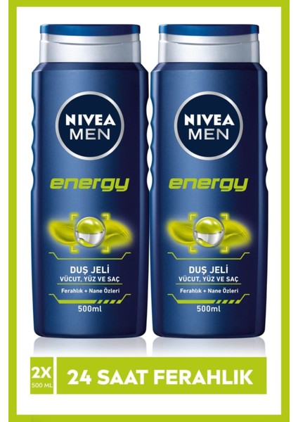 Men Energy Duş Jeli (500 Ml), Vücut, Yüz ve Saç, 24 Saat Ferahlık x 2 Adet