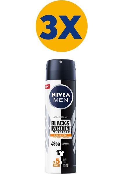 Men Black & White Invisible Güçlü Etki Erkek Sprey Deodorant 150 ml X3