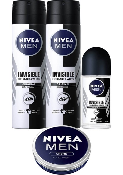 Invisible Original Erkek Deodorant 150 ml x 2 + Invisible Erkek Roll-On 50 ml + Men Crème 30