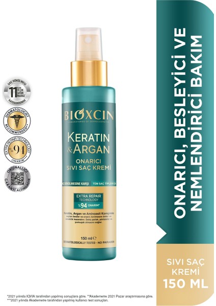 Keratin & Argan Onarıcı Sıvı Saç Bakım Kremi 150 ml Yıpranmış ve Hasar Görmüş Saçlar