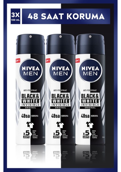 Men Erkek Sprey Deodorant Black&white Invisible Original 150MLX3ADET