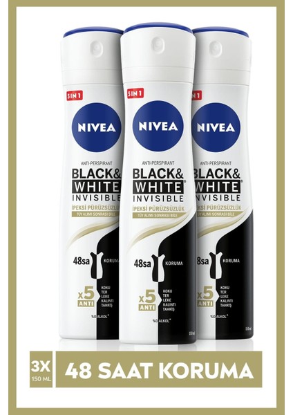 Kadın Sprey Deodorant Black&white Invisible Ipeksi PÜRÜZSÜZLÜK,48SAAT Koruma 150MLX3ADET