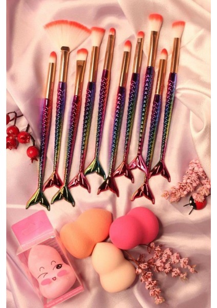 Ince Uçlu Gökkuşağı Pembe Uçlu Fırça Seti + 4'lü Armut Set 10'lu
