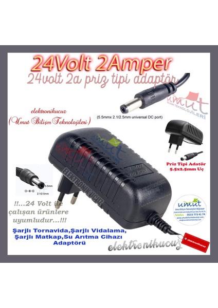 24V 2A Adaptör 5.5x2.5mm Jaklı Şarjlı Matkap,tornavida,su Arıtma Cihazı Şarj Adaptörü Priz Tipi