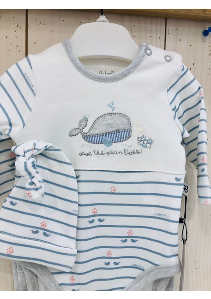 Balina Desenli Uzun Kollu Şapkalı Penye Çıtçıtlı Zıbınlı Pantolonlu Bebek 3'lü Takım modelleri