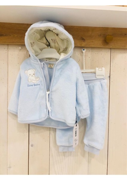 Astarsız Soft Yumuşak Kumaş Önden Fermuarlı Kapüşonlu Ayıcık Desenli Erkek Bebek Ikili Takım